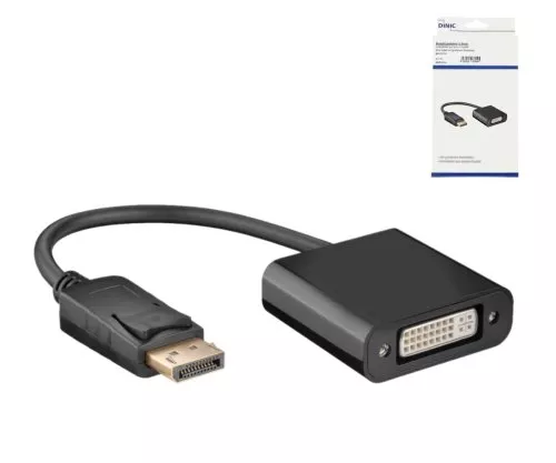 DINIC Adapter 1.2 DisplayPort auf DVI-D, DP-Stecker - DVI-Buchse 1080p max.(1920x1200 60Hz)schwarz, DINIC Box mit Euroloch, 0,15m